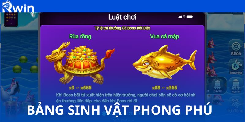 Bảng sinh vật phong phú cùng điểm thưởng giá trị